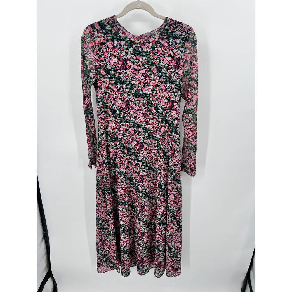 Anthropologie Eva Franco Fiona Floral Mesh‎ Midi Dress Pink Blue Long Sleeve S